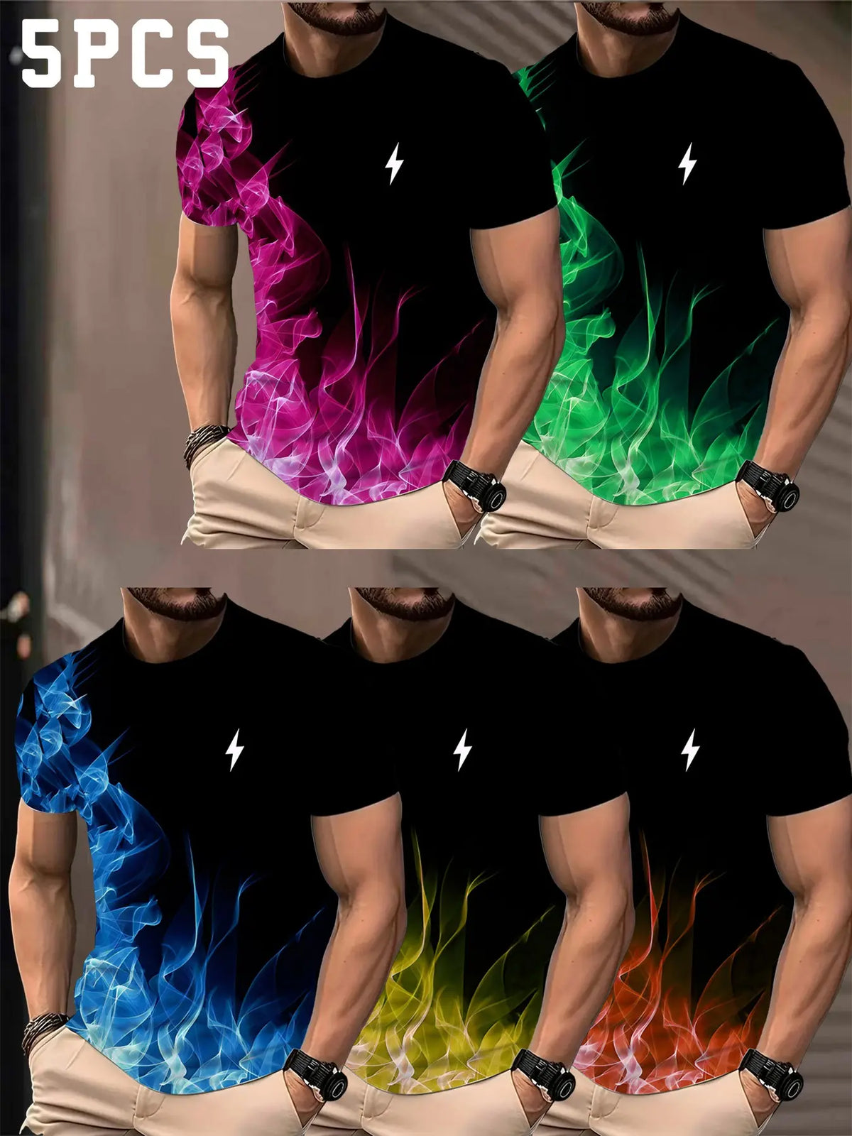 Set of 5, Striped Print Men'S Stylish Casual Short-Sleeve T-Shirts, Gradient Color Summer Round-Neck Quick-Dry Breathable Short-Sleeve T-Shirts, Casual Tee