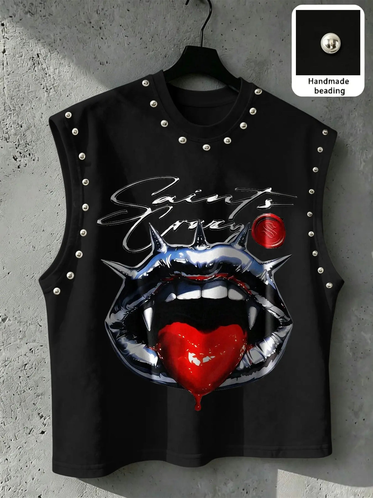Men's Punk Style Vest, Tribal Print, Metal Rivets, Breathable Knit Fabric, Streetwear Fashion, Comfortable and Durable, Fitted Sleeveless, Graphic Sleeveless Vest, Streetwear Tank Vest, Breathable Sleeveless Design, Knitted Vest