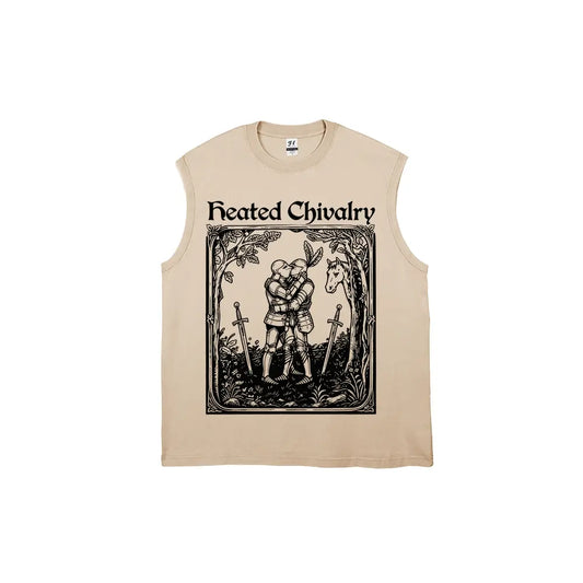 Vintage Acid Washed Sleeveless Cut Off Muscle Tank Top Unisex Heated Chivalry Medieval Two Knights Kissing Woodcut Graphic Retro Gothic Streetwear Gym Tank Shirt Multiple Colors Available