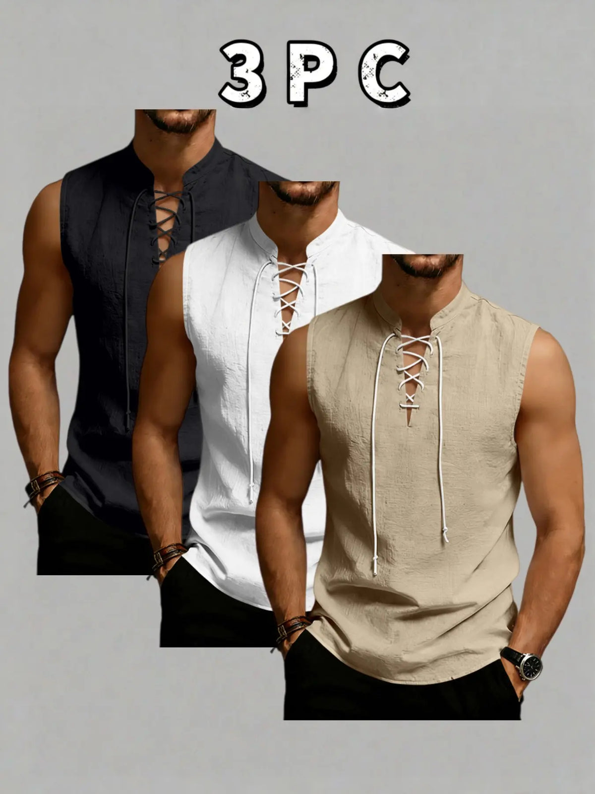 3-Pack Men's Sleeveless Tie-Back Vest, Plain Stand Collar Linen Style Jacket, Comfortable Breathable, Casual Wear for Vacation & Daily Use