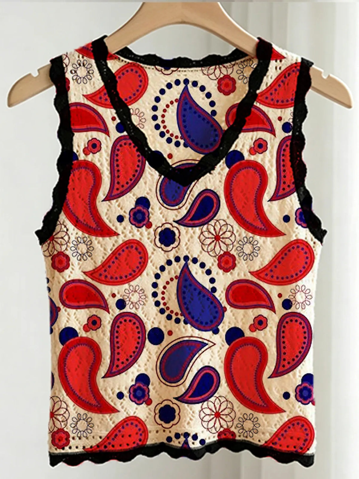 Women's Independence Day Paisley Floral Print V-Neck Sweater Vest, Casual Sleeveless Knit Top, Breathable Summer Clothing