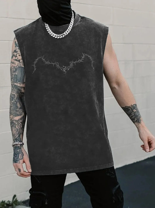 Comfortable Cotton Vest Summer Sleeveless Top, Vintage Washed Effect, Cartoon Print, Street Casual Style, Unisex