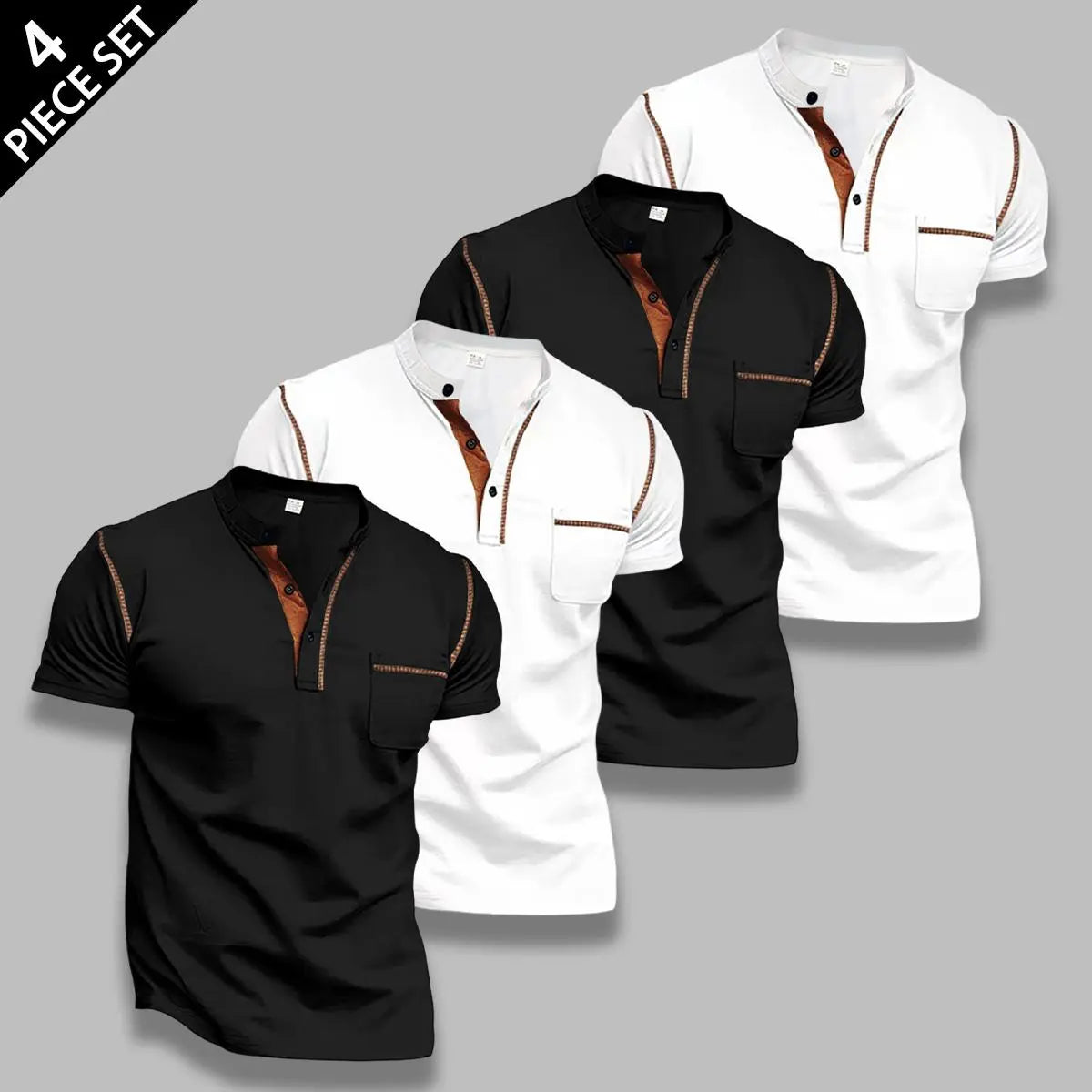Men's 4-Pack Slim Fit Shortsleeve Henley T-Shirts, Classic Stylish Menswear Tops with Chest Pocket, Contrast Stitch, Breathable Fabric for Daily Wear