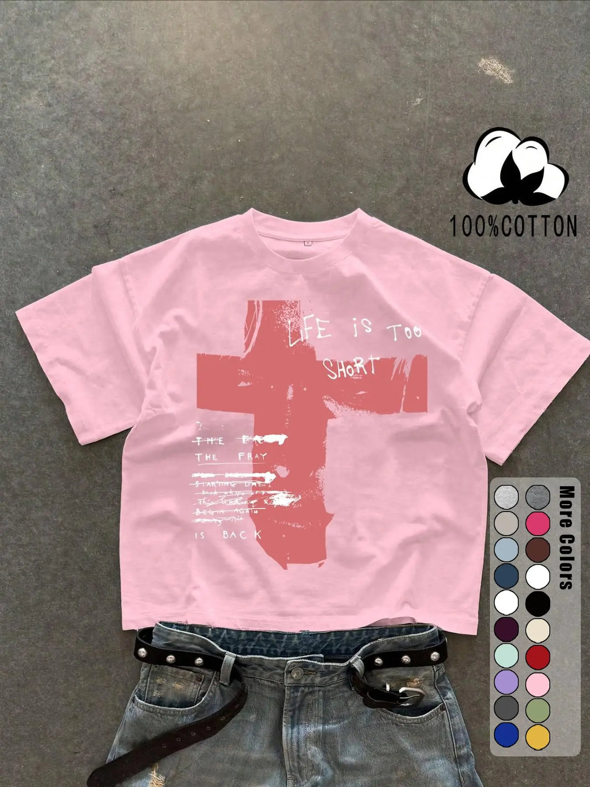Unisex 100% Cotton Short Sleeve T-Shirt, Cross Graffiti Print, Y2K Dark Gothic Street Style, Streetwear, Casual Daily Wear, Loose-Fitting, Long Length, Aesthetic, Relaxed Fit