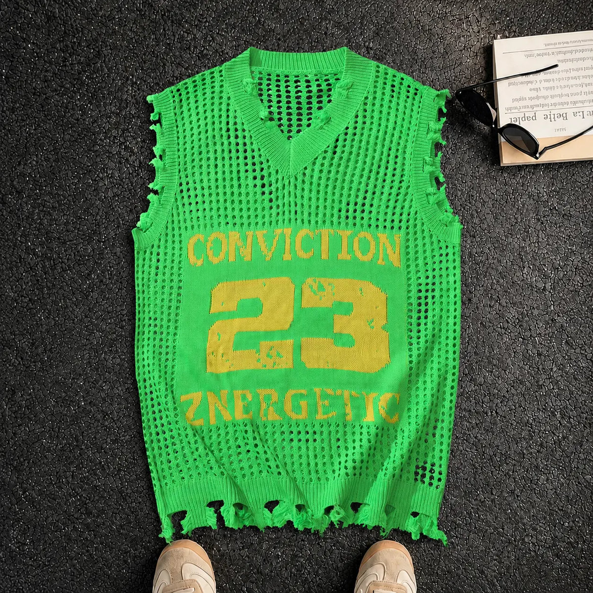 HYPESTFIT Men's Numbered Sleeveless Stretch Plain Knit Vest - Distressed V-Neck Open Knit, Loose-Fit Army Green Knitwear, Edgy Vests for Ballgames/Conventional Settings, Father's Day Gift