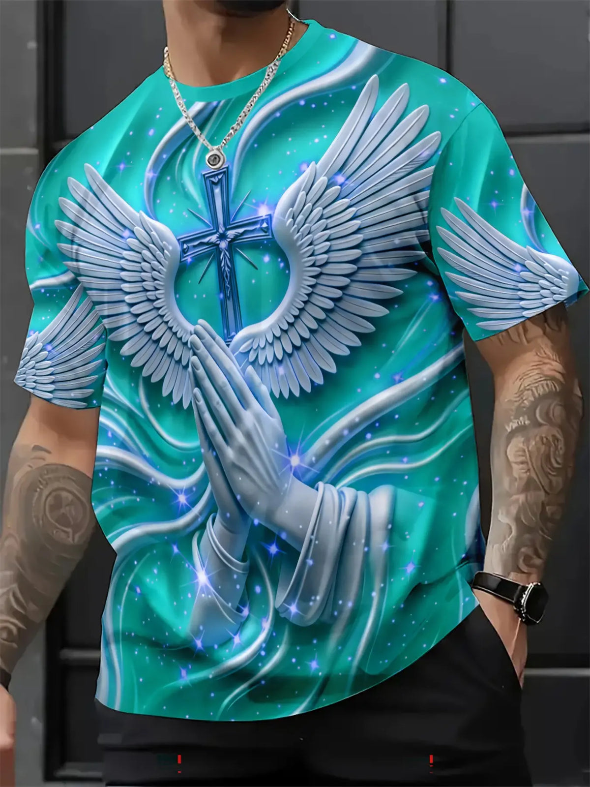 Men's Religious Prayer Angel Wings Cross 3D High Definition Graphic Print T-Shirt, Round Neck Short Sleeve Slim-Fit Summer Streetwear Stylish Tee