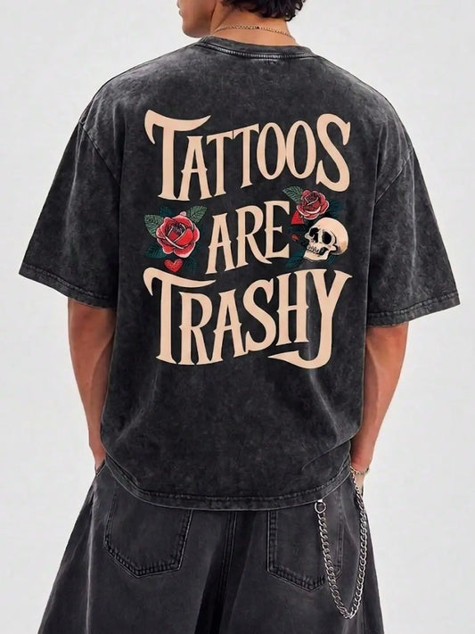 Women's Classic Short-Sleeve Oversized Washed Graphic T-Shirt, Skull Rose Print, Heavyweight Fashion Fabric Streetwear Layer, Casual Summer Top