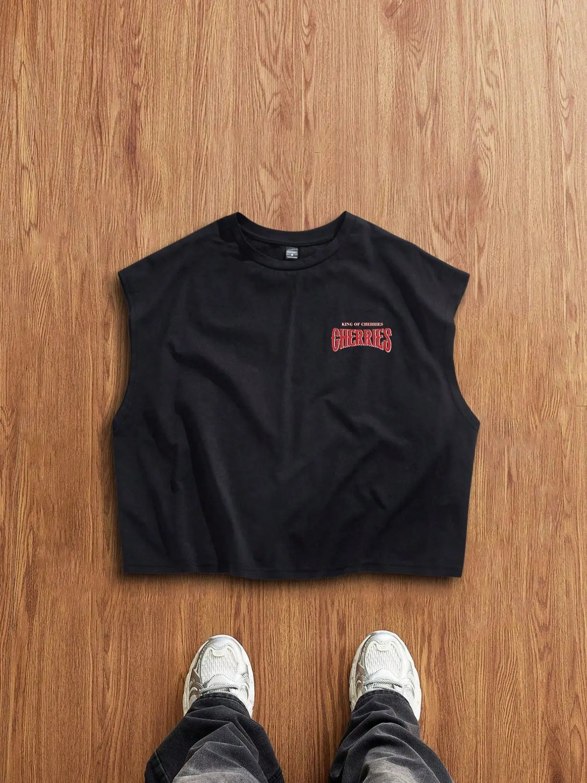 Men's Vest: An oversized, cropped, wide-shoulder silhouette featuring a simple yet casual cherry motif. Versatile enough to be worn alone or layered, making it perfect for vacation, daily wear, or commuting—a true wardrobe staple, Graphic Tops