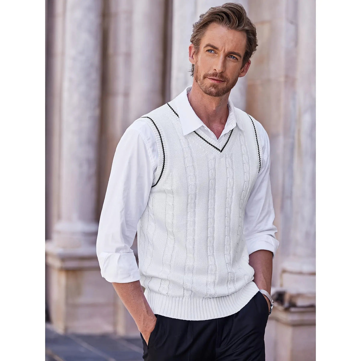 Male Slim-Fit V-Neck Stretch Knit Sweater Vest - Navy Blue, Khaki, Lightweight Breathable Fabric, Casual Sleeveless Pullover, Standard Sizes, for Spring/Fall Sports & Outdoor Wear, Menswear Tops, XXXL