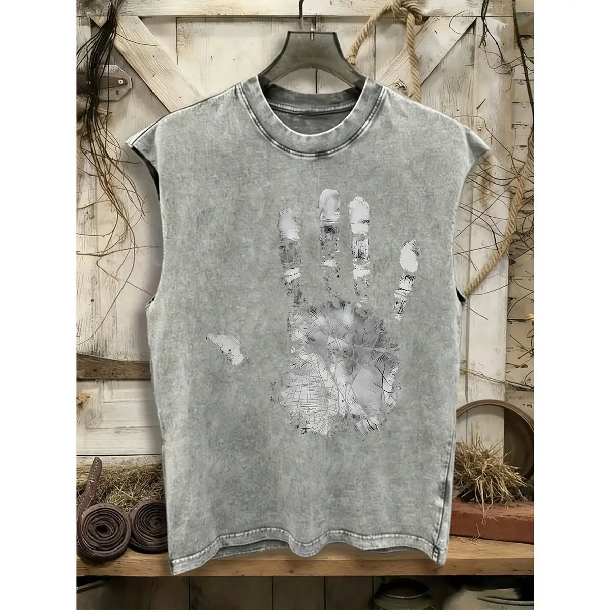 Men's 100% Washed Cotton Slim-Fit Casual Vest - Round Neck, Palm Graffiti Print, Distressed Look, Stretch Tropical Fabric, Soft Comfortable Top, Ideal for Outdoor Activities, Great Christmas/New Year Gift