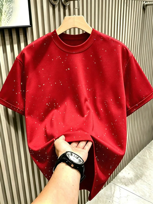 New Men's Short Sleeve T-Shirt, Round Neck, Loose Plain Long Top Menswear, Casual Style Tee, Fashion Starry Sky Reflective Design, Sparkling Like a Starry Sky, Shiny, Essential Outerwear Item, Casual Loose Tee