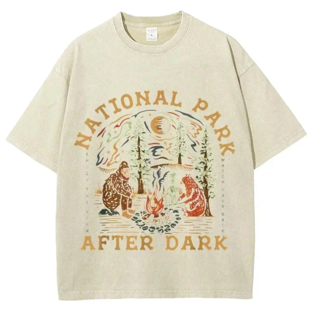 Women's Cotton Shortsleeve Graphic Tshirt - Relaxed Fit Round Neck Breathable Top, Retro National Park After Dark All Over Print, Everyday Casual Style for Daily Commuting
