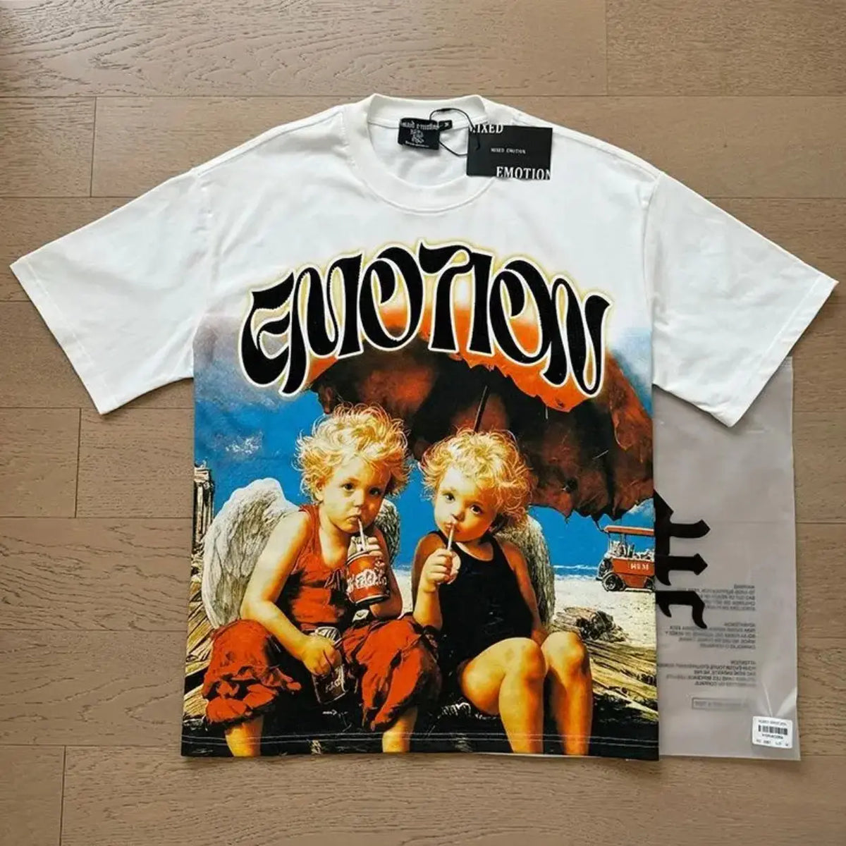 RMIXED EMOTION Rhinestone Graphic T-Shirt Men Women Oversized Cotton Tee Short Sleeve Crew Neck Streetwear Top Angel Print Gothic Y2K Hip Hop Casual Summer Shirt