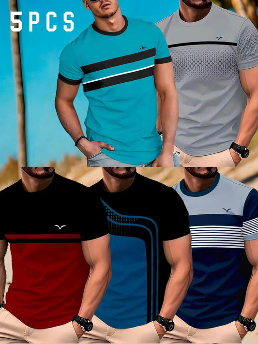Set of 5, Striped Print Men'S Stylish Casual Short-Sleeve T-Shirts, Gradient Color Summer Round-Neck Quick-Dry Breathable Short-Sleeve T-Shirts, Casual Tee