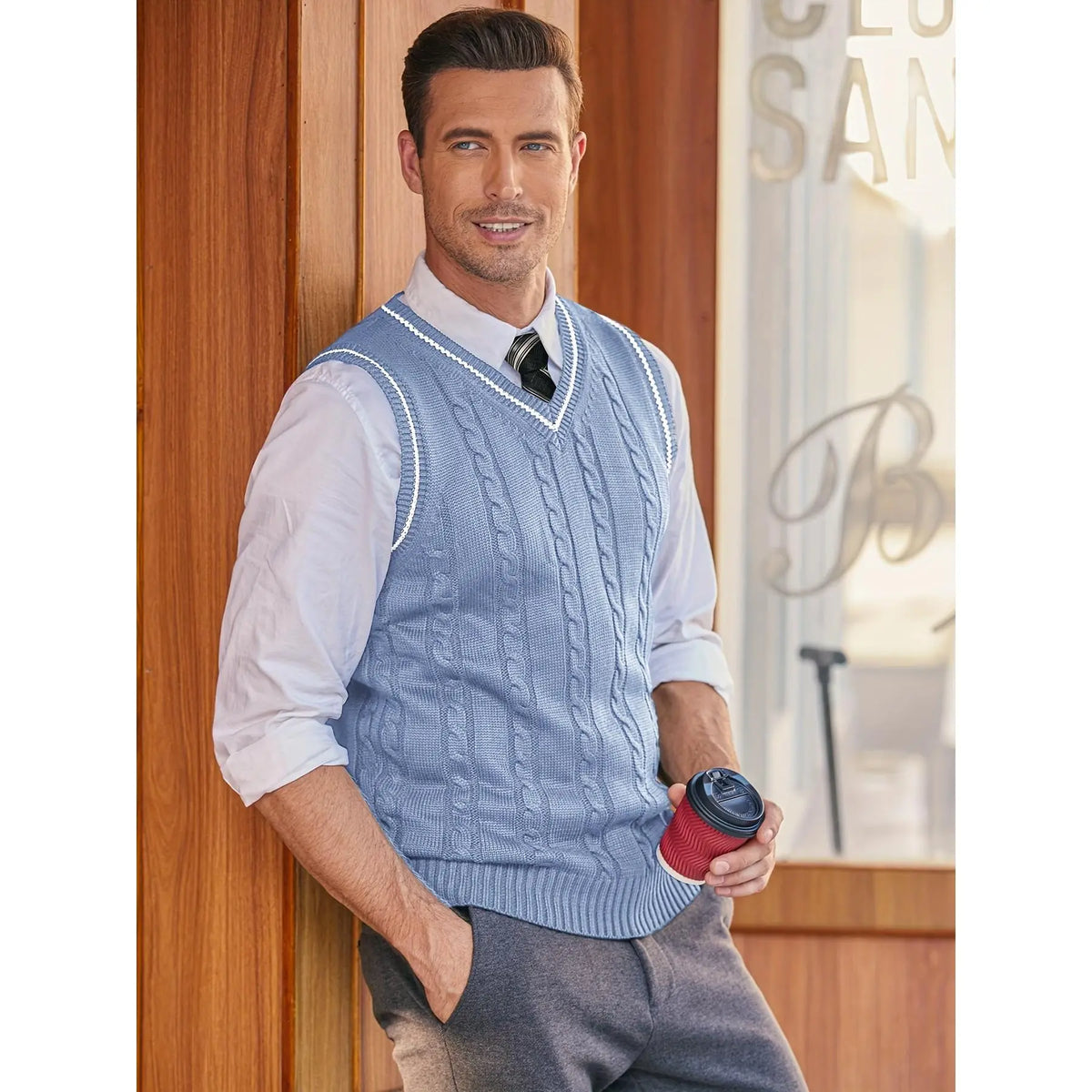Male Slim-Fit V-Neck Stretch Knit Sweater Vest - Navy Blue, Khaki, Lightweight Breathable Fabric, Casual Sleeveless Pullover, Standard Sizes, for Spring/Fall Sports & Outdoor Wear, Menswear Tops, XXXL