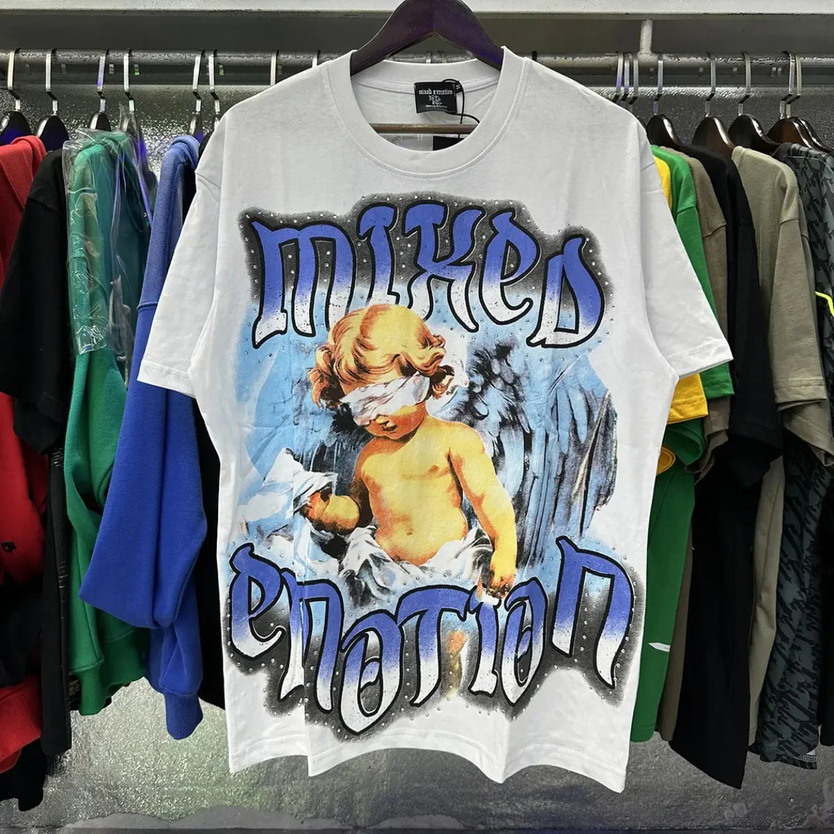 RMIXED EMOTION Rhinestone Graphic T-Shirt Men Women Oversized Cotton Tee Short Sleeve Crew Neck Streetwear Top Angel Print Gothic Y2K Hip Hop Casual Summer Shirt