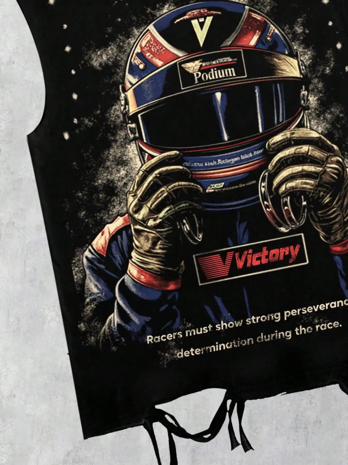 Retro racing style helmet with driver portrait print, distressed drawstring sleeveless vest, Victory slogan, Podium logo, distressed hem, men's black loose round neck casual top, unisex style, Streetwear, street style