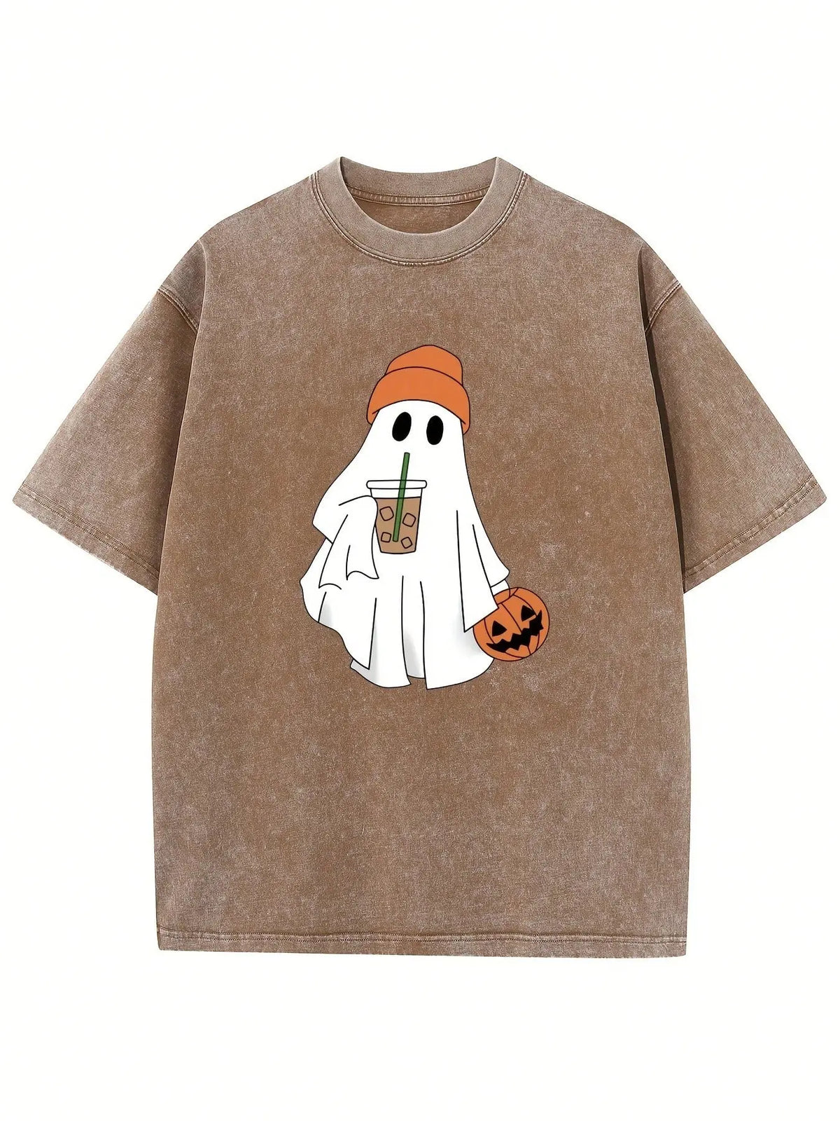 Women's 230g Heavyweight Breathable Cotton Halloween T-Shirt - Pumpkin & Ghost Print, Oversized Drop Shoulder, Acid Washed, Vintage Street Style, Loose Regular Fit, Machine Washable Hip-Hop Basic Top, T Shirts Women