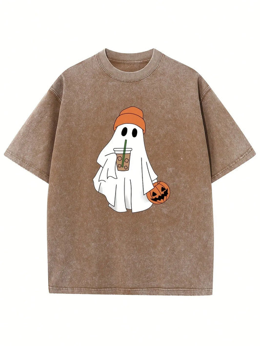 Women's 230g Heavyweight Breathable Cotton Halloween T-Shirt - Pumpkin & Ghost Print, Oversized Drop Shoulder, Acid Washed, Vintage Street Style, Loose Regular Fit, Machine Washable Hip-Hop Basic Top, T Shirts Women