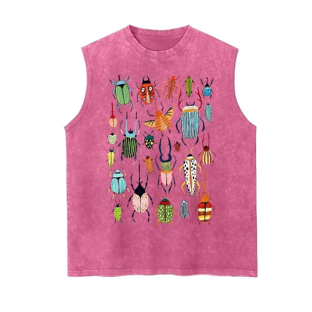 Men's Vintage Wash Garment-Dye High GSM Cotton 90s Graphic Beetle Insect Letter Print Loose-Fit Broken-In Soft Casual Sleeveless Tank Top - Menswear Streetwear Vest