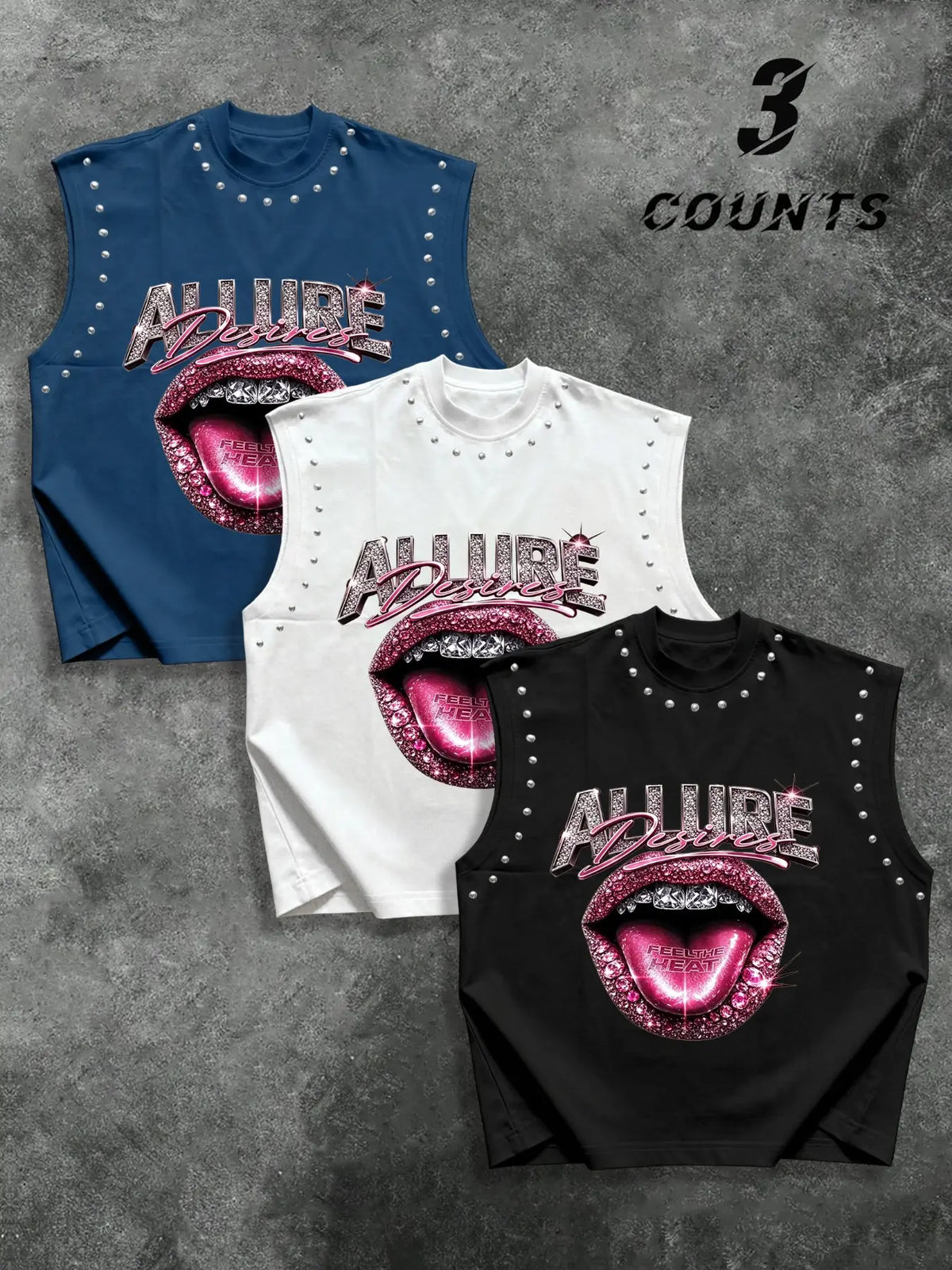 Men's Rivet Trim Diamond Lip Letter Print Graphic Sleeveless Vest Set, American Style Streetwear, Loose Fit, Three-Piece