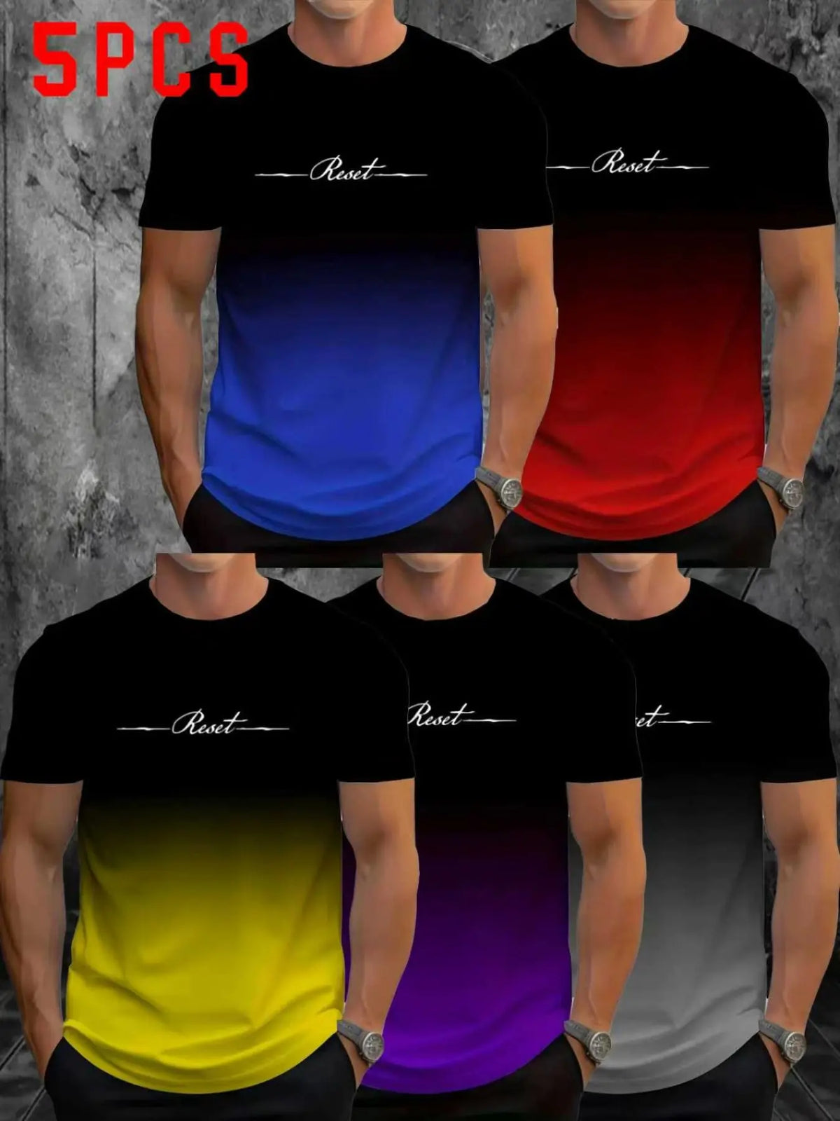 Set of 5, Striped Print Men'S Stylish Casual Short-Sleeve T-Shirts, Gradient Color Summer Round-Neck Quick-Dry Breathable Short-Sleeve T-Shirts, Casual Tee