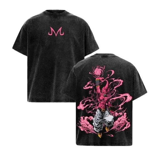 Men's Stylish Majin Buu Classic Vintage Washed Seamless Shortsleeve Round Neck Ribbed Soft Anime T-Shirt - Kid Buu Pink Energy Graphic Oversized Heavy Cotton Streetwear Tops Gift for DBZ Fans
