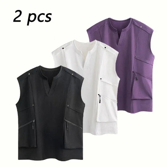 2-Pack Men’s Minimalist Cargo Vest – Loose Fit Breathable Sleeveless Shirt for Everyday Casual Wear