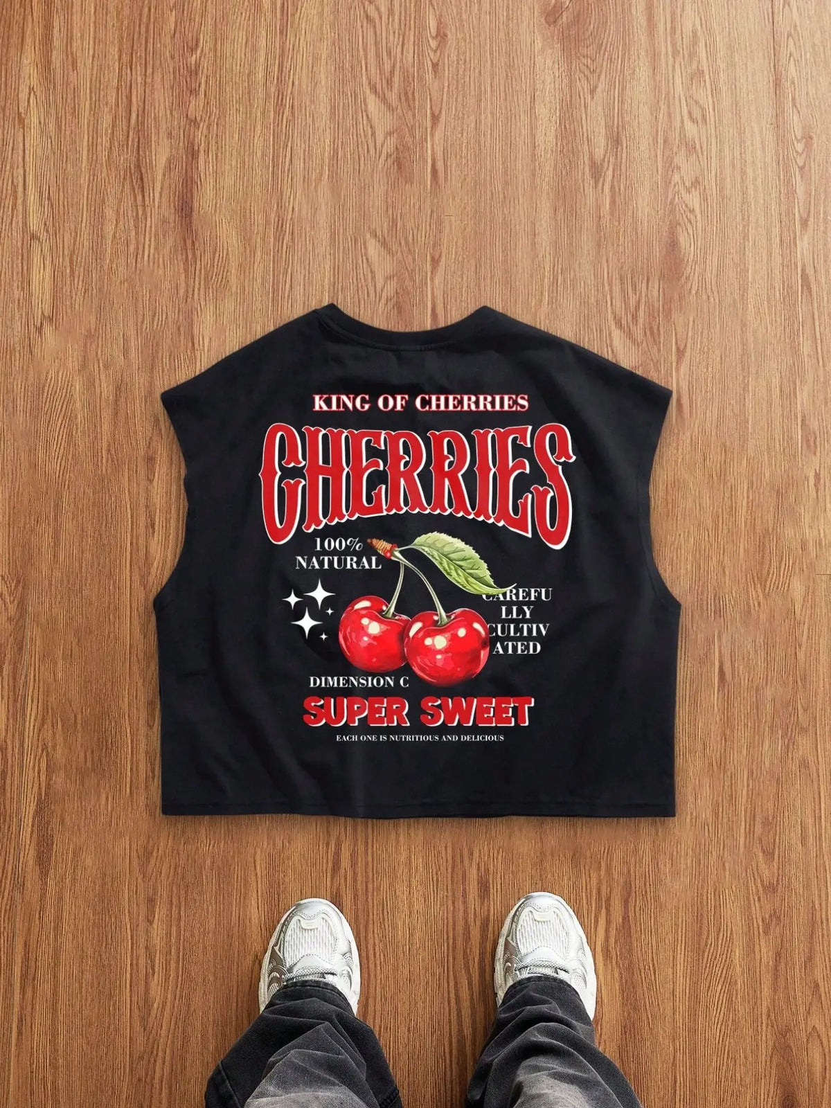 Men's Vest: An oversized, cropped, wide-shoulder silhouette featuring a simple yet casual cherry motif. Versatile enough to be worn alone or layered, making it perfect for vacation, daily wear, or commuting—a true wardrobe staple, Graphic Tops