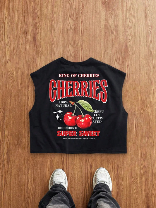Men's Vest: An oversized, cropped, wide-shoulder silhouette featuring a simple yet casual cherry motif. Versatile enough to be worn alone or layered, making it perfect for vacation, daily wear, or commuting—a true wardrobe staple, Graphic Tops