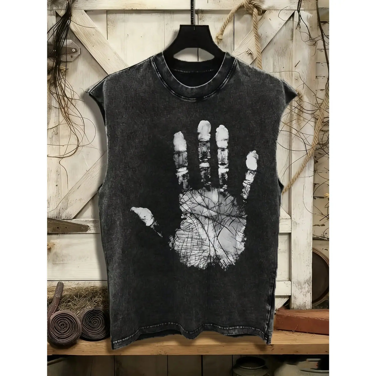 Men's 100% Washed Cotton Slim-Fit Casual Vest - Round Neck, Palm Graffiti Print, Distressed Look, Stretch Tropical Fabric, Soft Comfortable Top, Ideal for Outdoor Activities, Great Christmas/New Year Gift
