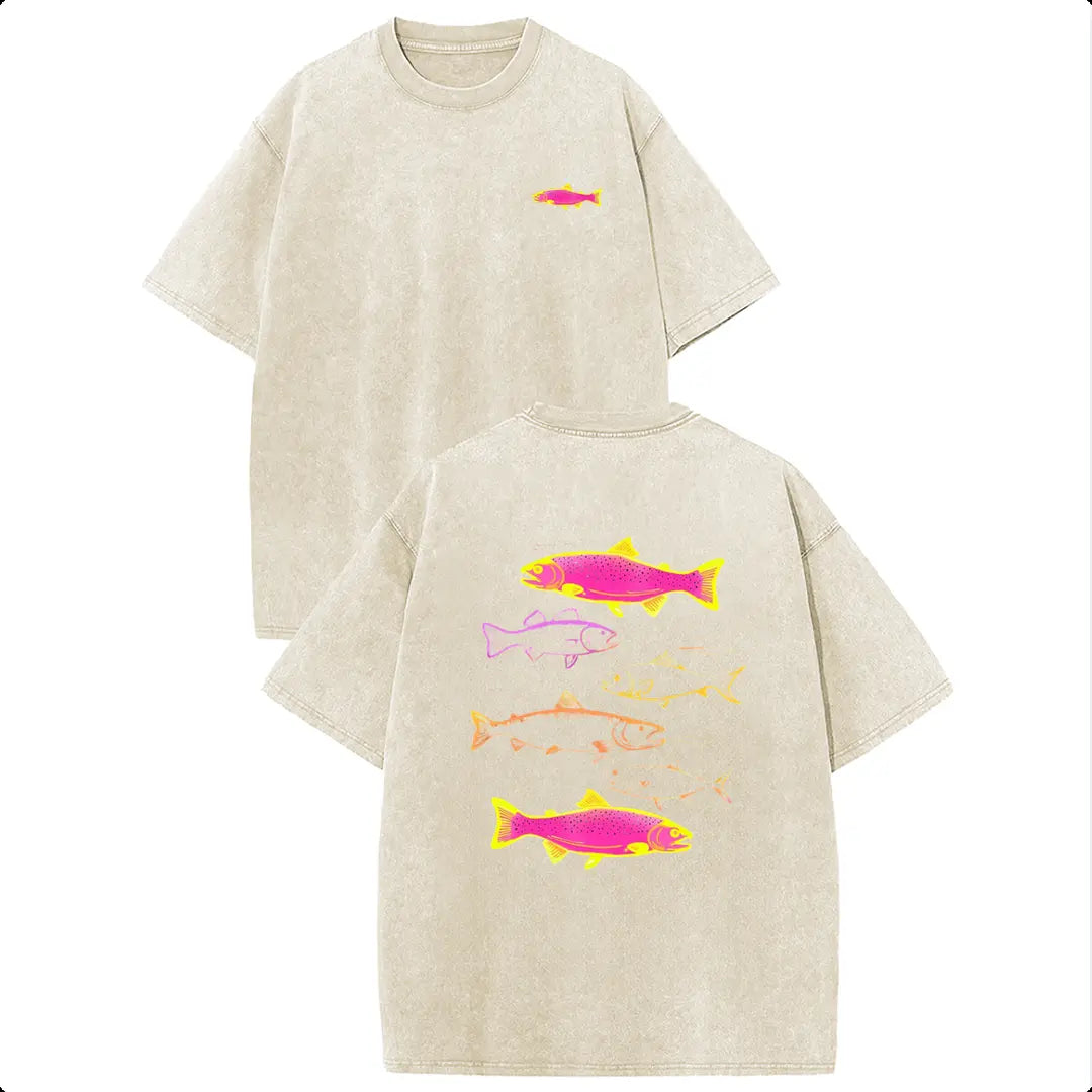 Holafish Heavyweight Cotton Crewneck Streetwear T‑Shirt, Retro Acid Wash Neon Trout Fish Dual Side Graphic Printed Unisex Fashion Tees summervibes Casual Top