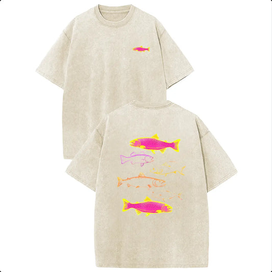 Holafish Heavyweight Cotton Crewneck Streetwear T‑Shirt, Retro Acid Wash Neon Trout Fish Dual Side Graphic Printed Unisex Fashion Tees summervibes Casual Top