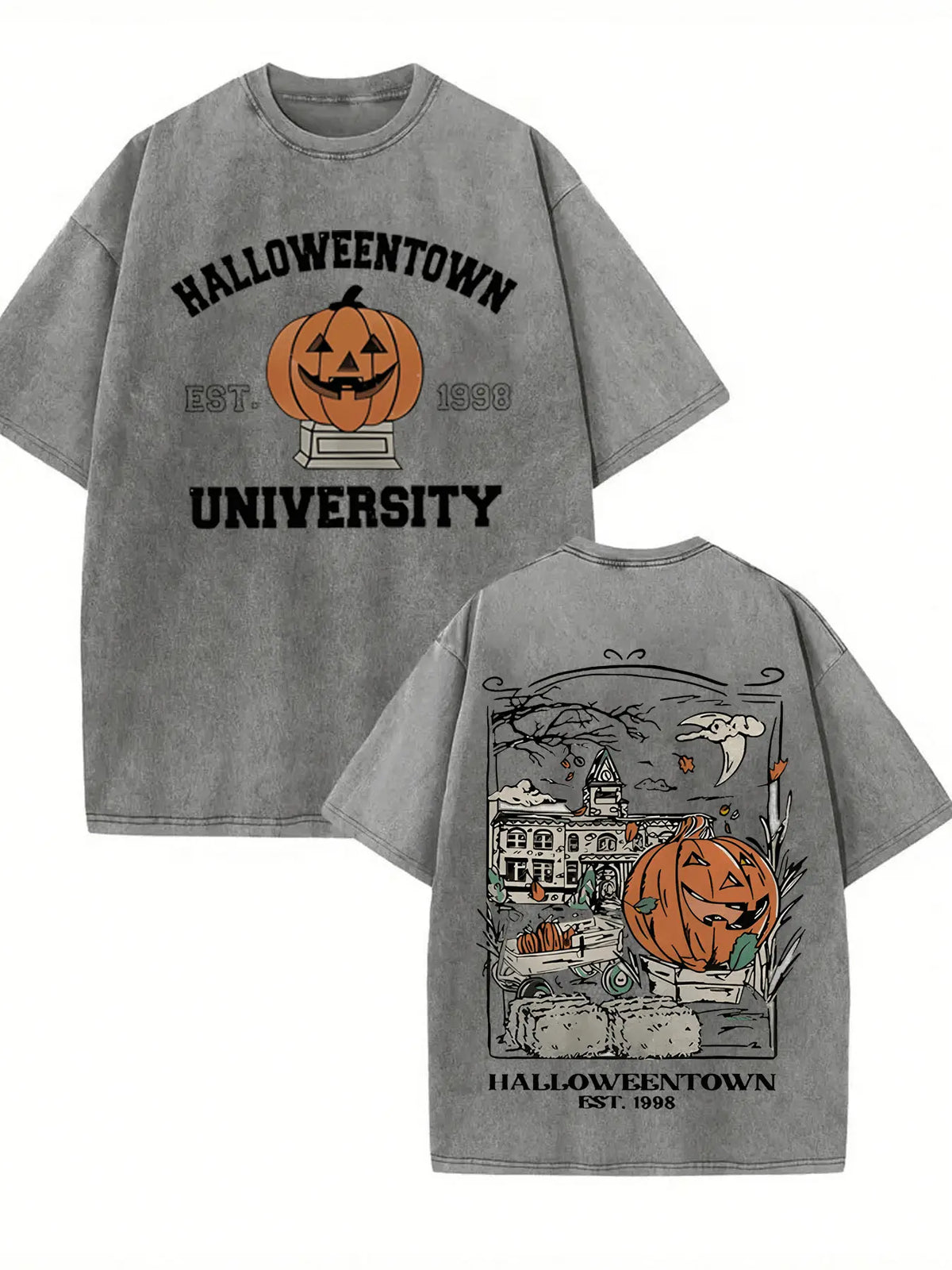 Pumpkin Lantern Haunted House, A Combination Of Retro And Street Style,Retro Casual Short-sleeved T-shirt with a Round Neck and Printed Pattern, Suitable for Daily Commuting Halloween Preppy