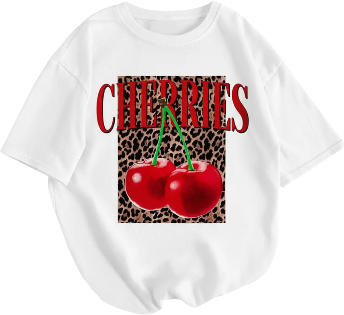 Women's 100% Cotton Washed Short-Sleeve Graphic T-Shirt - Vintage Round Neck Classic Streetwear Apparel, Leopard Cherry Print Casual Lady Top