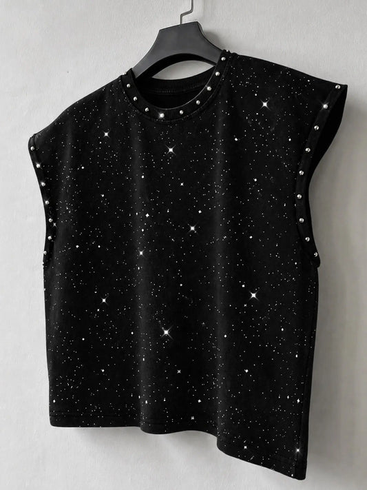 Men's Round Neck Vest, Rhinestone Print, Casual Short Sleeve, Slim Fit, Geometric Pattern, All Seasons, Outdoor & Party Wear