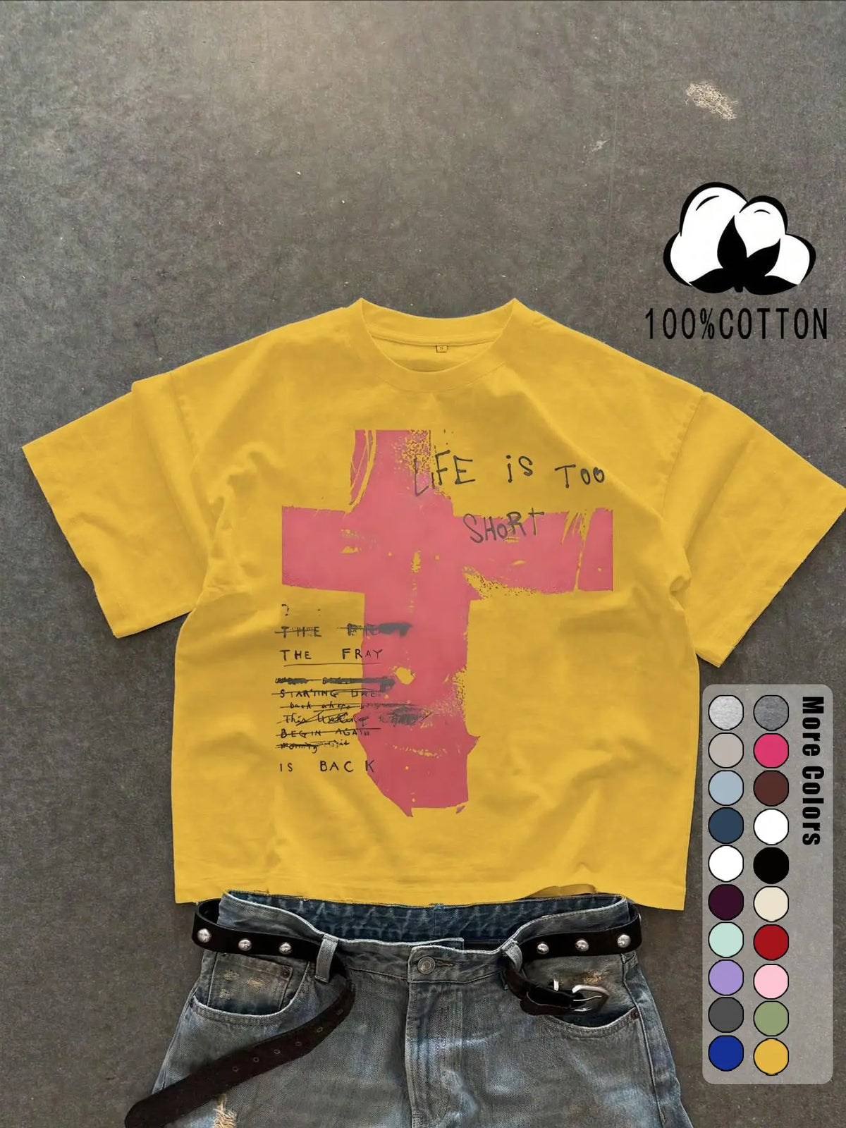 Unisex 100% Cotton Short Sleeve T-Shirt, Cross Graffiti Print, Y2K Dark Gothic Street Style, Streetwear, Casual Daily Wear, Loose-Fitting, Long Length, Aesthetic, Relaxed Fit