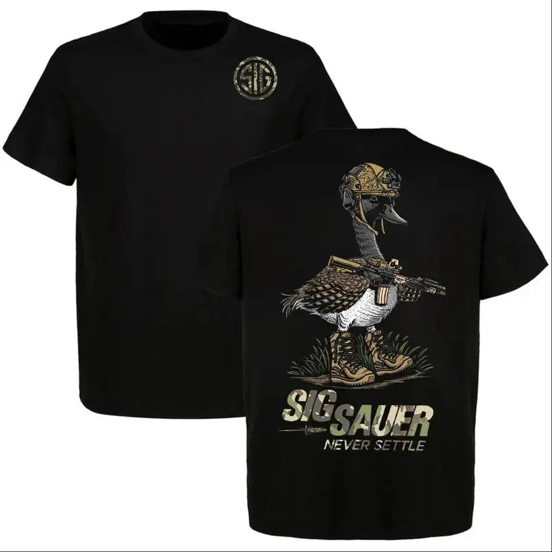 "Never Settle" Pure Cotton T-Shirt - The Perfect Choice for Sig Sauer Fans; Military-Style, Darkly Humorous Tactical Gear; Full-Color Print.,summervibes