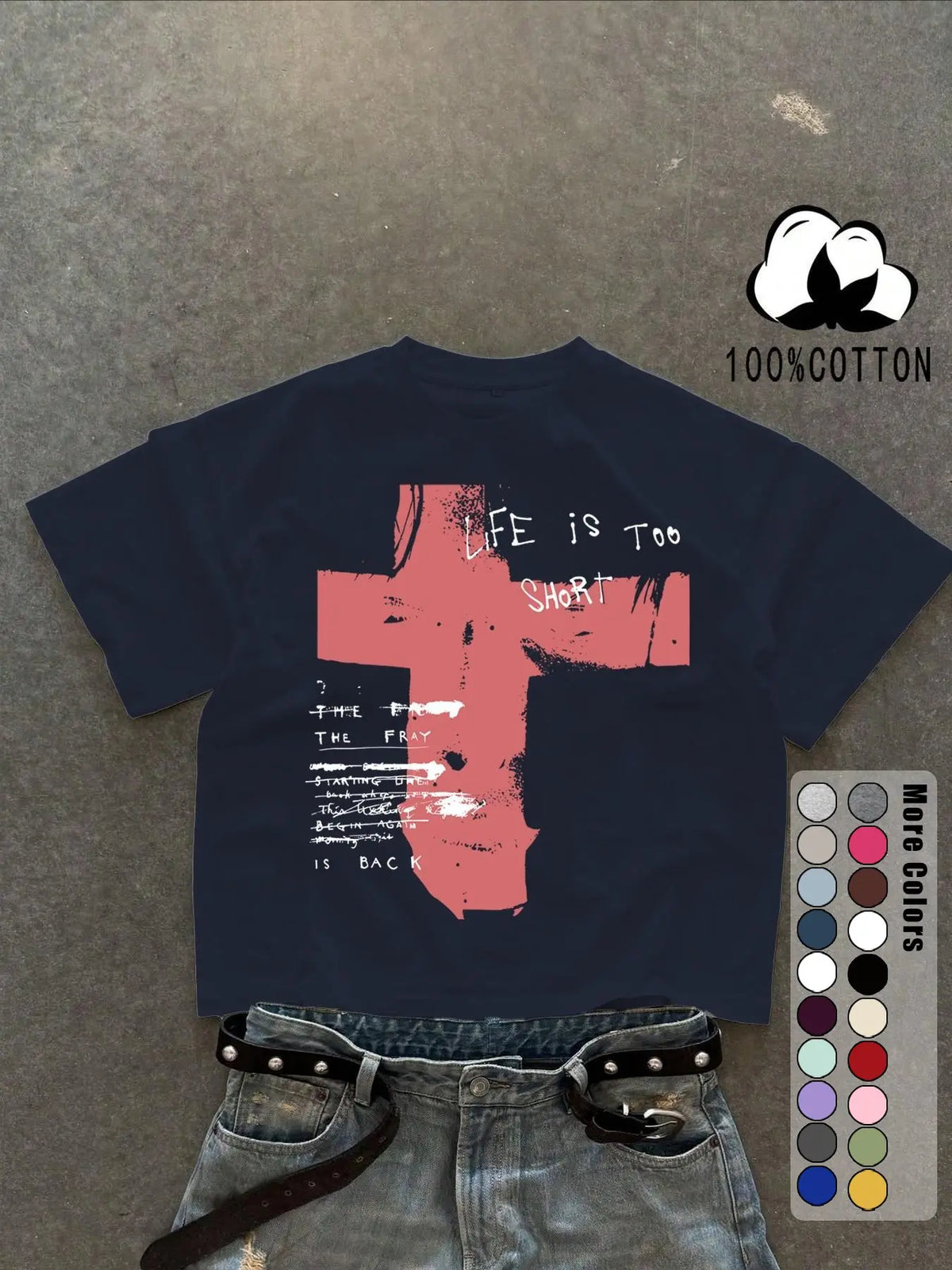Unisex 100% Cotton Short Sleeve T-Shirt, Cross Graffiti Print, Y2K Dark Gothic Street Style, Streetwear, Casual Daily Wear, Loose-Fitting, Long Length, Aesthetic, Relaxed Fit