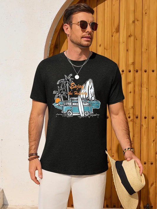 Runcati Men's Short-Sleeve Round Neck T-Shirts - Tropical Palm Tree Print, Vintage Hawaiian Style, Expandable Cut, Medium Length Casual Summer Beach Tops for Christmas, Chinese New Year