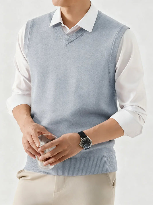Men's V-neck Knit Vest - Menswear Tops, Polyester, Spring/Autumn Business Casual Sleeveless Basic Layerable Solid Color Vest