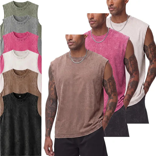 3-Pack Heavyweight Cotton Feel Washed Sleeveless T-Shirts, Vintage Texture, Multiple Colors, Casual Commuter Unisex Tops