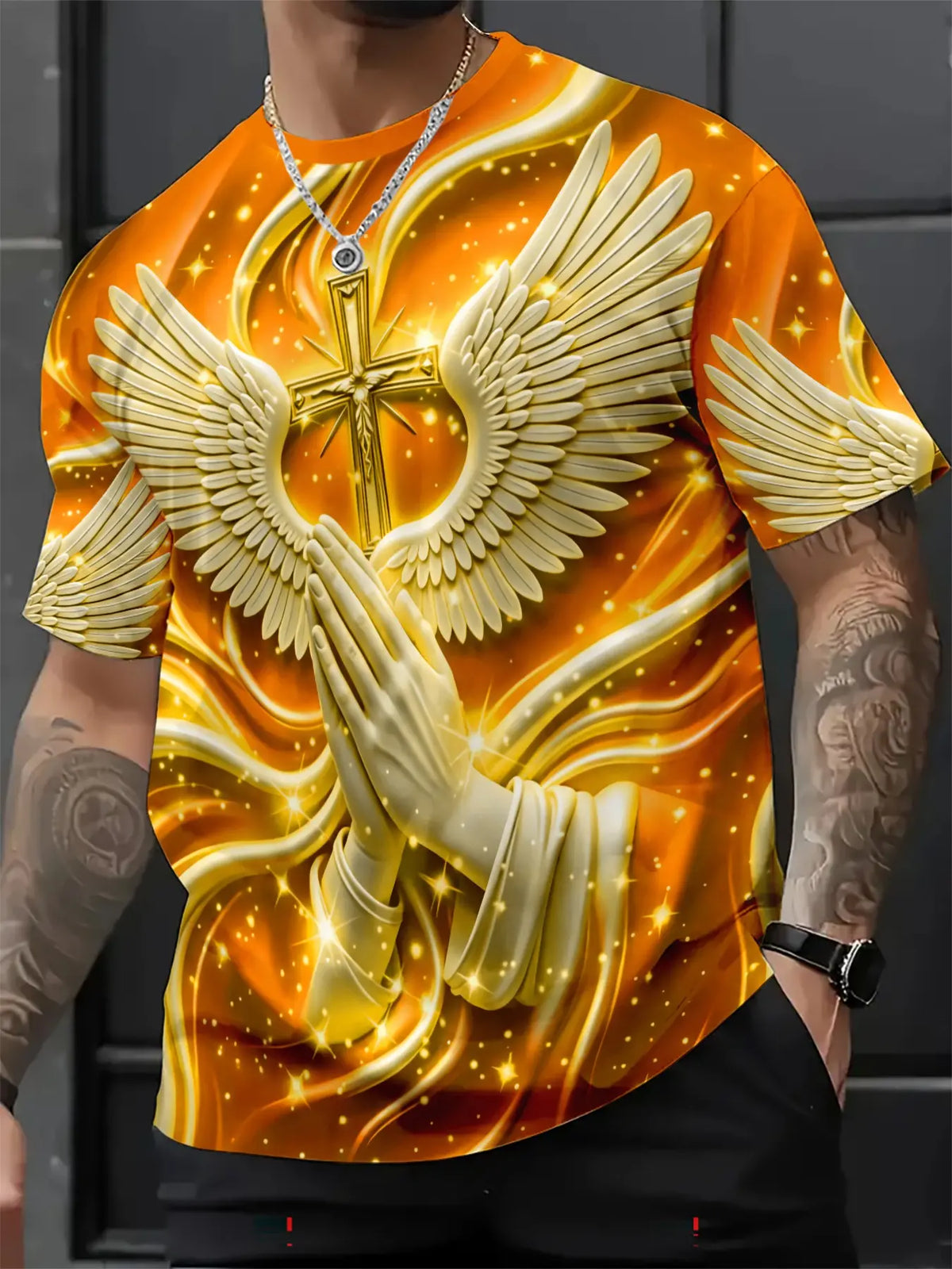 Men's Religious Prayer Angel Wings Cross 3D High Definition Graphic Print T-Shirt, Round Neck Short Sleeve Slim-Fit Summer Streetwear Stylish Tee