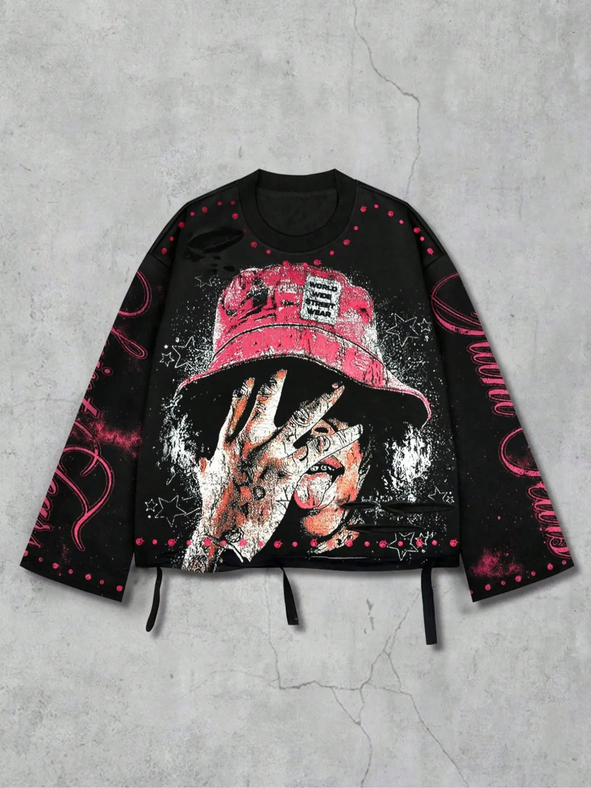 Men's Vintage Street Style Saint Graphic Print Long Sleeve Round Neck T-Shirt, Loose-Fitting Short Fit, Fall 2000s Fashion, Streetwear, Casual Clothes