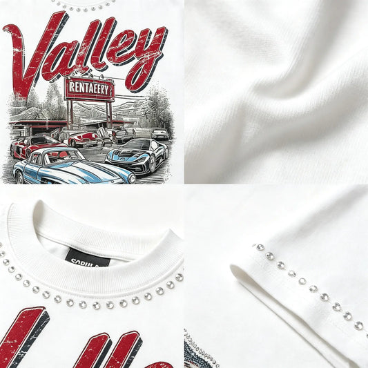 Sopula Studio Men's Valley Car Pattern Bead-studded streetwear casual  Tshirt Crewneck,summerwins,back to school,back to school shopping,clothes for back to school,first day of school outfits,vintage clothing