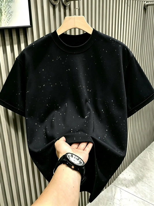 New Men's Short Sleeve T-Shirt, Round Neck, Loose Plain Long Top Menswear, Casual Style Tee, Fashion Starry Sky Reflective Design, Sparkling Like a Starry Sky, Shiny, Essential Outerwear Item, Casual Loose Tee