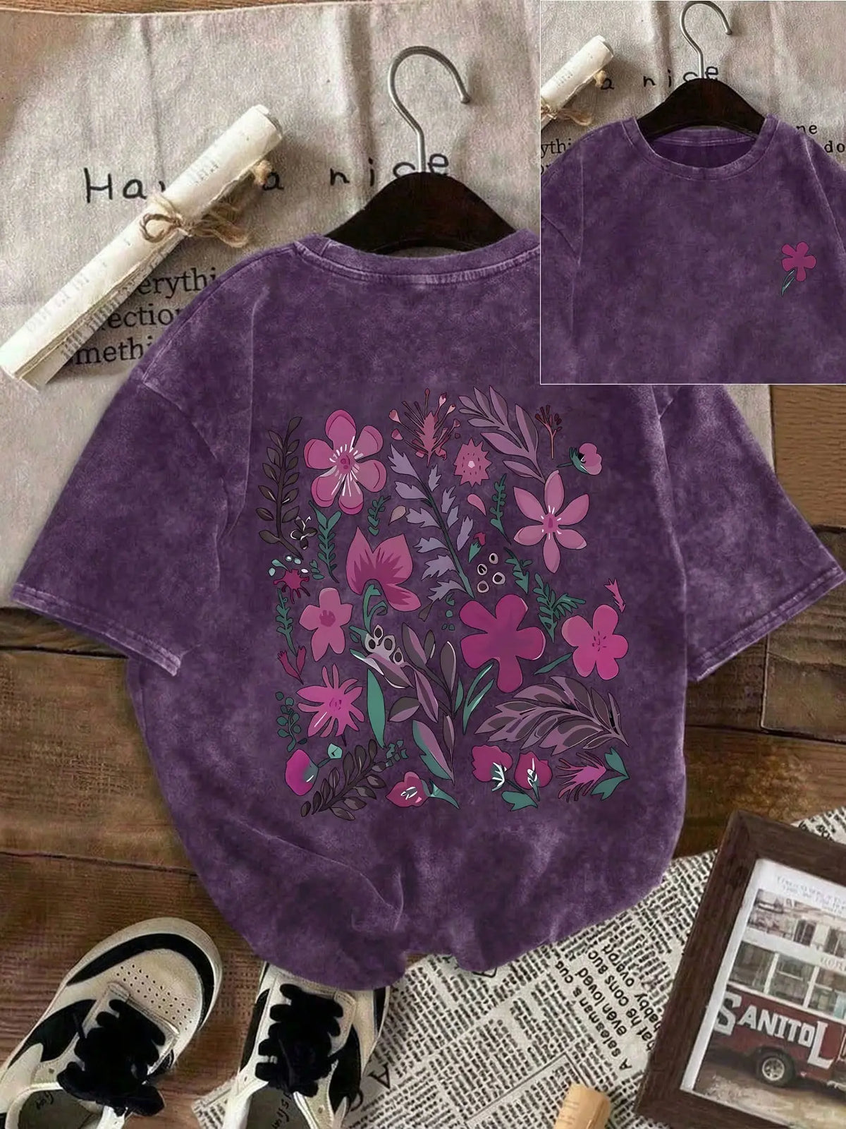 Women's 100% Washed Cotton Round Neck Short-Sleeve T-Shirt - Casual Relaxed-Fit Rural-Style Floral Print Comfortable Top for Daily Wear, Shortsleeve