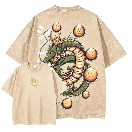 Men's Shenron Anime Graphic Short-Sleeve Round Neck Oversize Baggy T-Shirt - Heavyweight Cotton, Vintage Washed Streetwear, Casual Relaxed Fit Men's Clothing