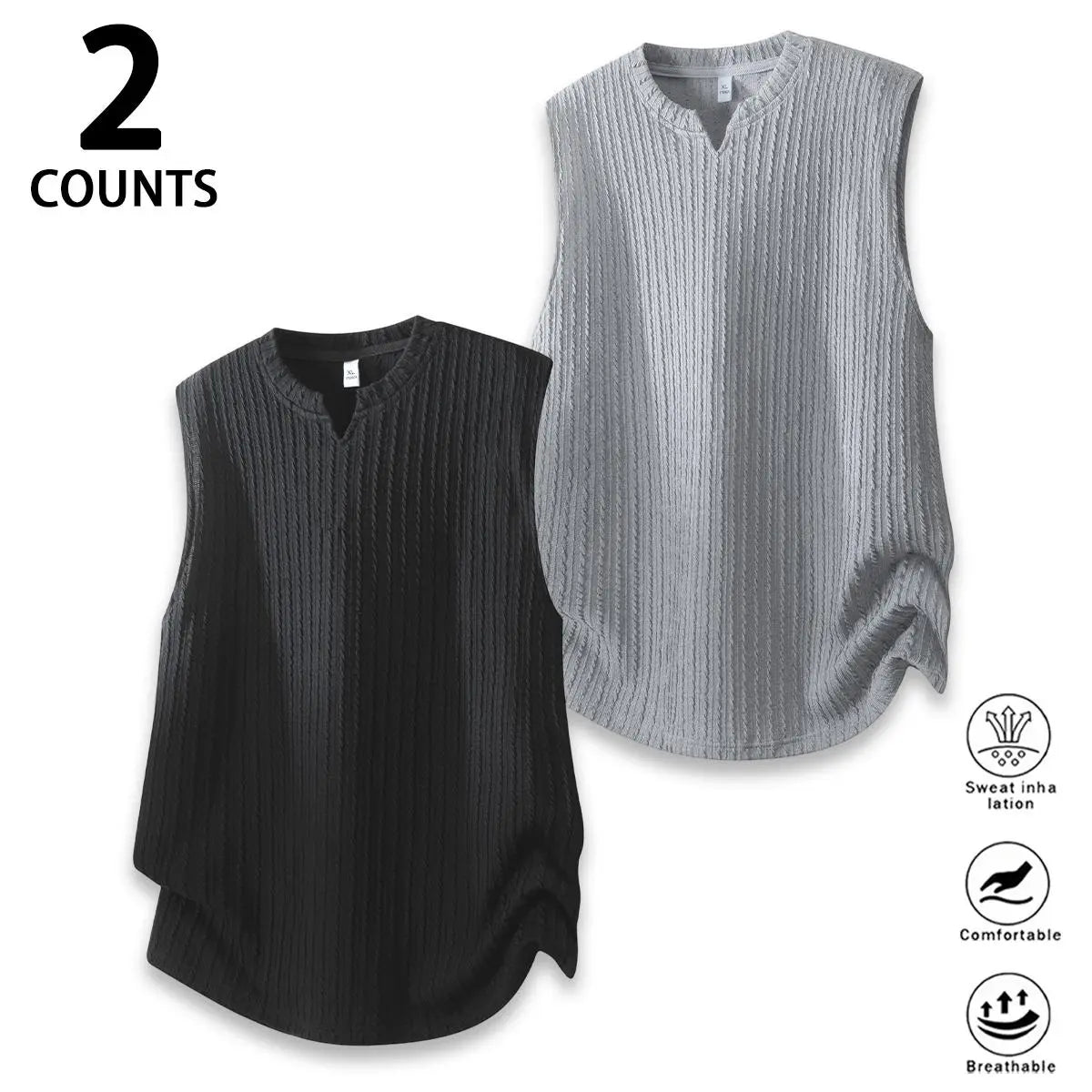 Men's Casual Cutout Sleeveless Deep-Neck Vest - Vertical Textured Wrinkle Half-Open Premium Breathable Soft Draping Loose Oversized Tank Top for Daily Casual Wear, Menswear Apparel
