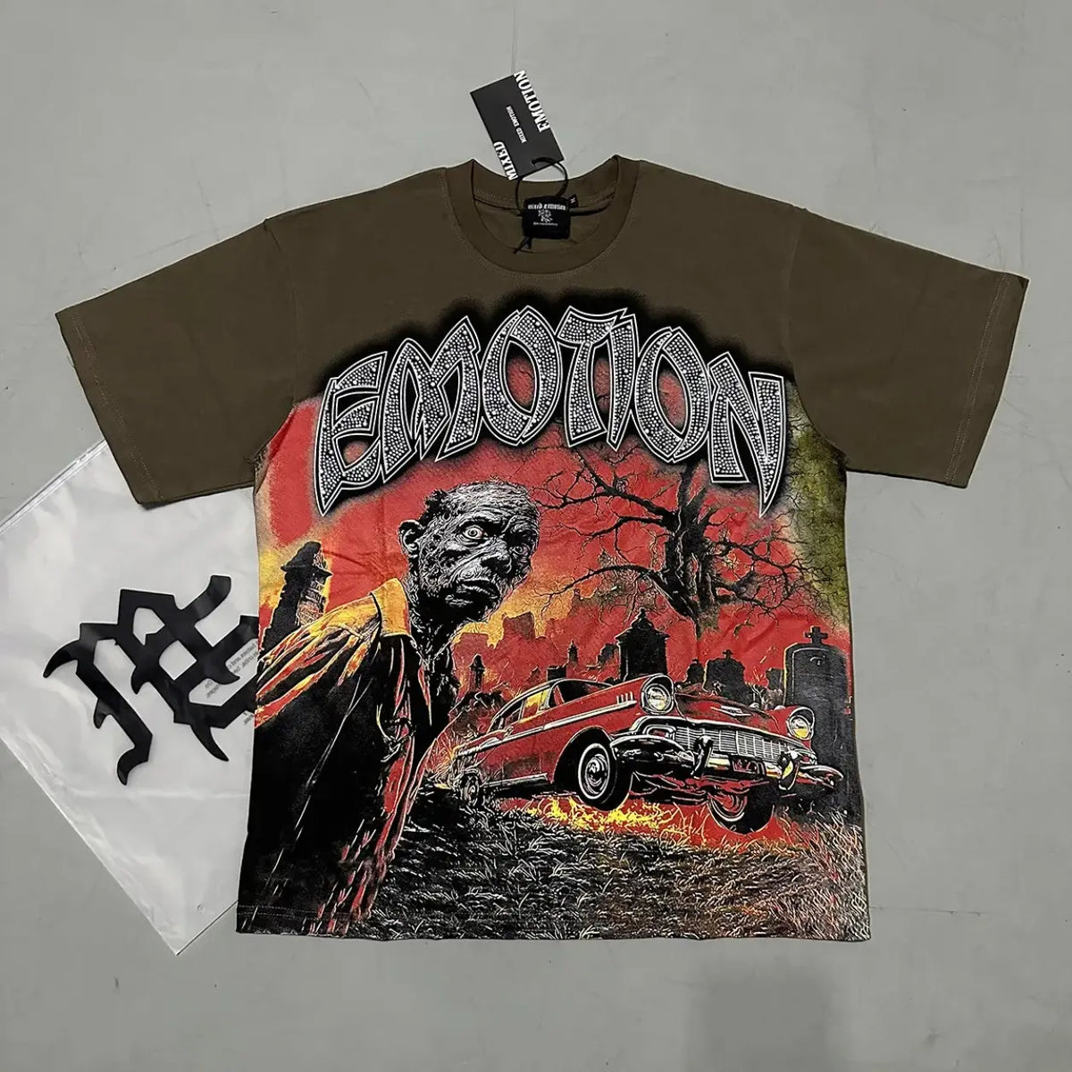 RMIXED EMOTION Rhinestone Graphic T-Shirt Men Women Oversized Cotton Tee Short Sleeve Crew Neck Streetwear Top Angel Print Gothic Y2K Hip Hop Casual Summer Shirt